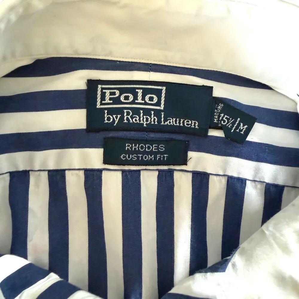 Polo Ralph Lauren Rhodes Custom Fit Nautical Stripe Shirt Men Navy White M 15.5